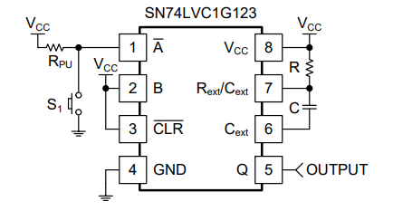 Missing-pulse detector: as example circuit diagram from the SN74LVC1G123D data sheet