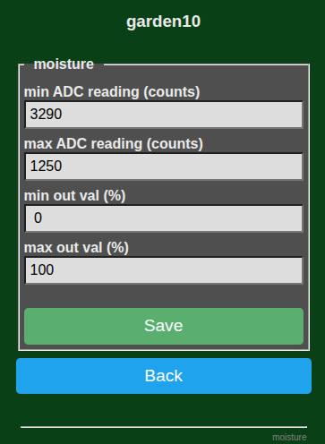 Garden133 moisture sensor calibration web page