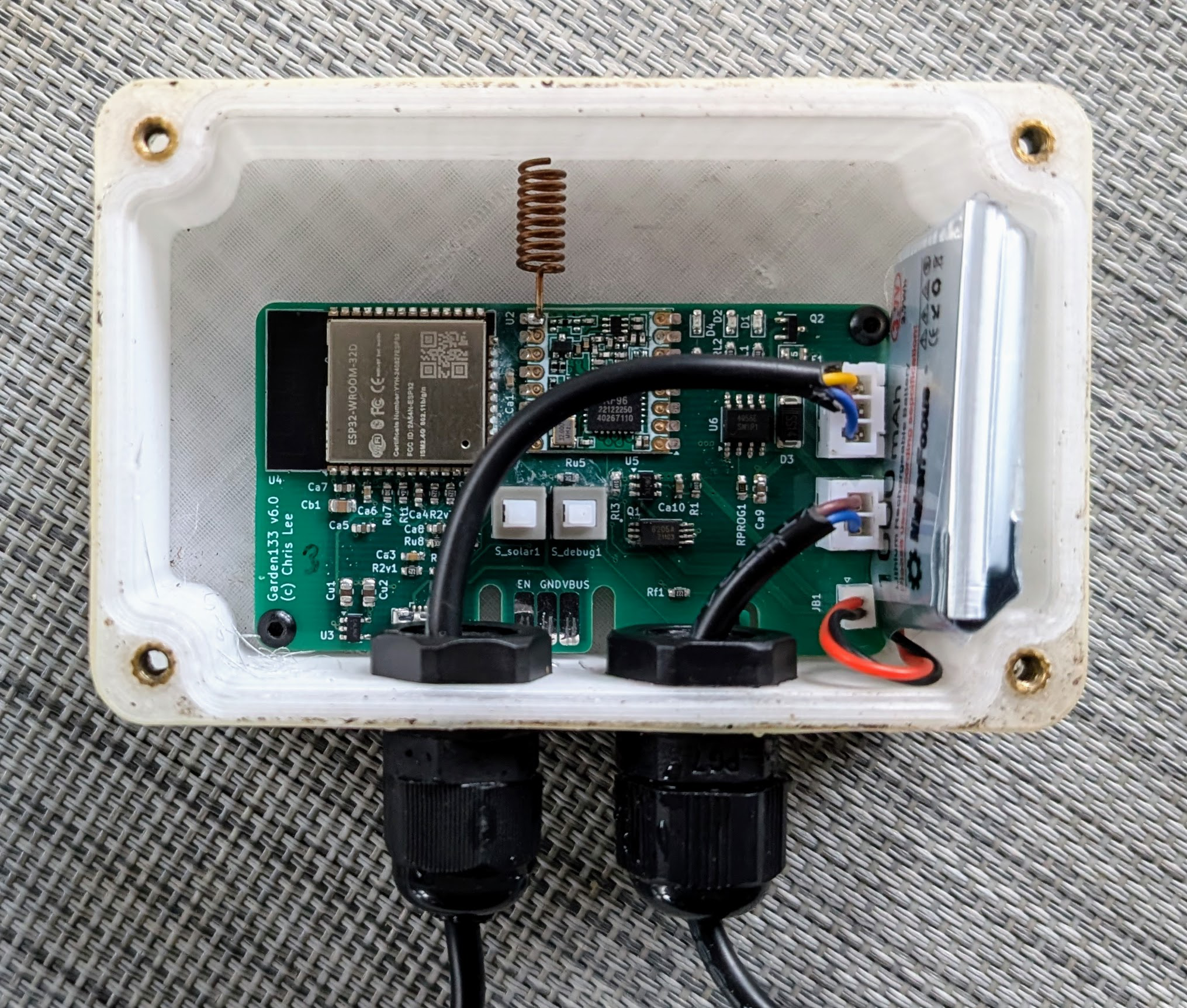 The Garden133 device in its enclosure, with the lid off