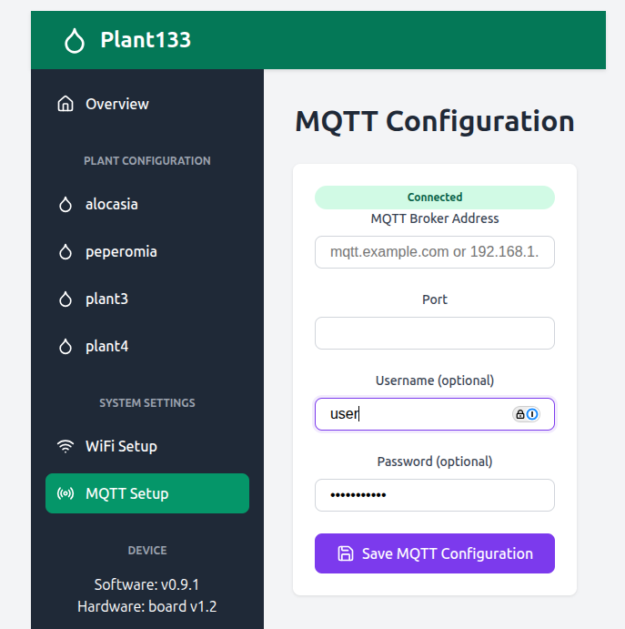 MQTT configuration page