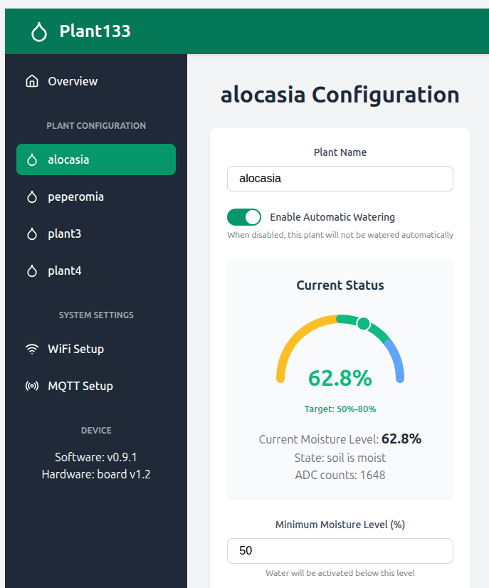 Plant configuration page (top portion)