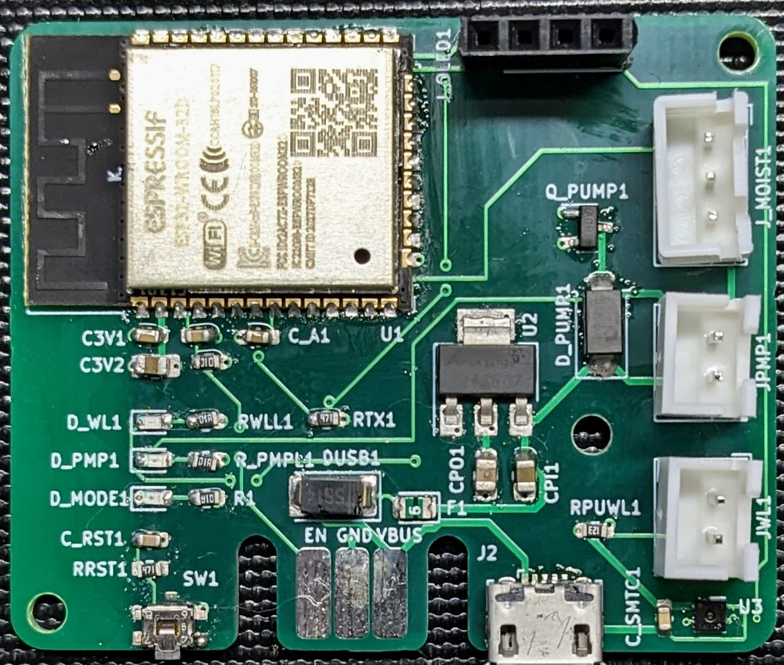 Assembled Plant133 PCB with ESP32 module and connectors