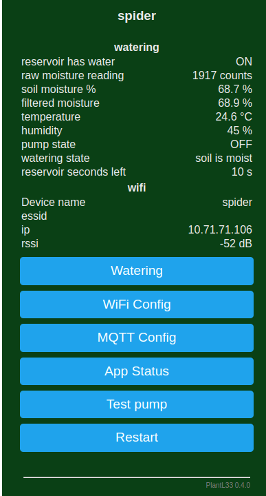 Plant133 web dashboard showing moisture, temperature, and pump status