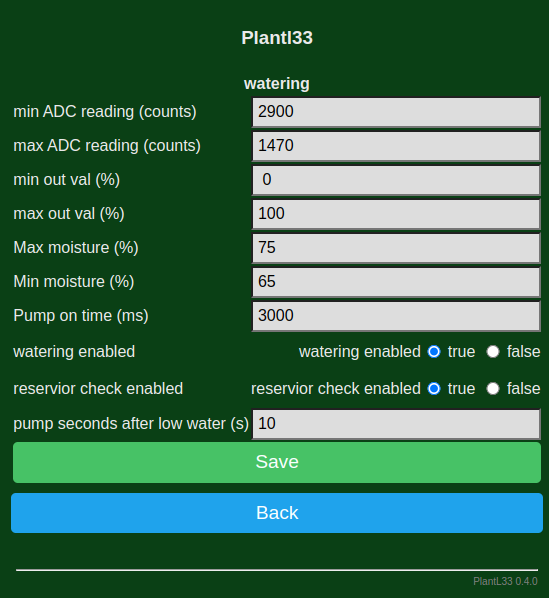 Web interface for configuring watering thresholds and pump timings
